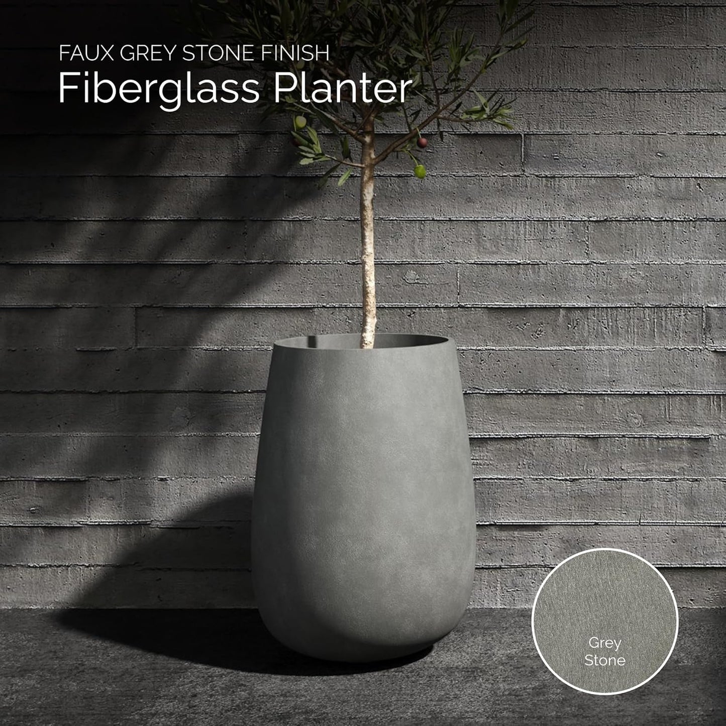 Mondo High Tall Planter – Grey Stone Finish – Fiberglass Indoor/Outdoor and Weather-Resistant Round Planter (25.6" D x 35.6" H Exterior, 20.3" D x 35.4" H Interior)