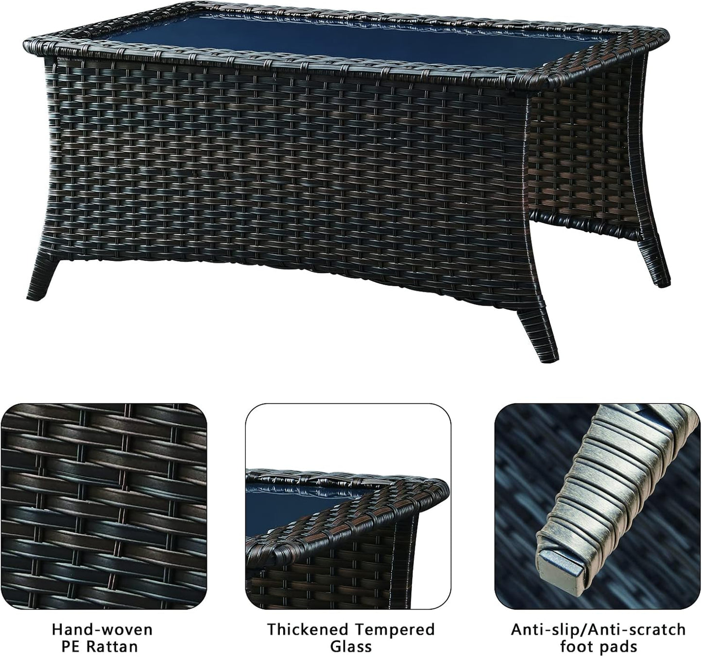 Patio Tables Wicker Coffee Table - Outdoor Rattan Coffee Tables with Glass Top for Patio Proch Deck Balcony Rectangle Brown