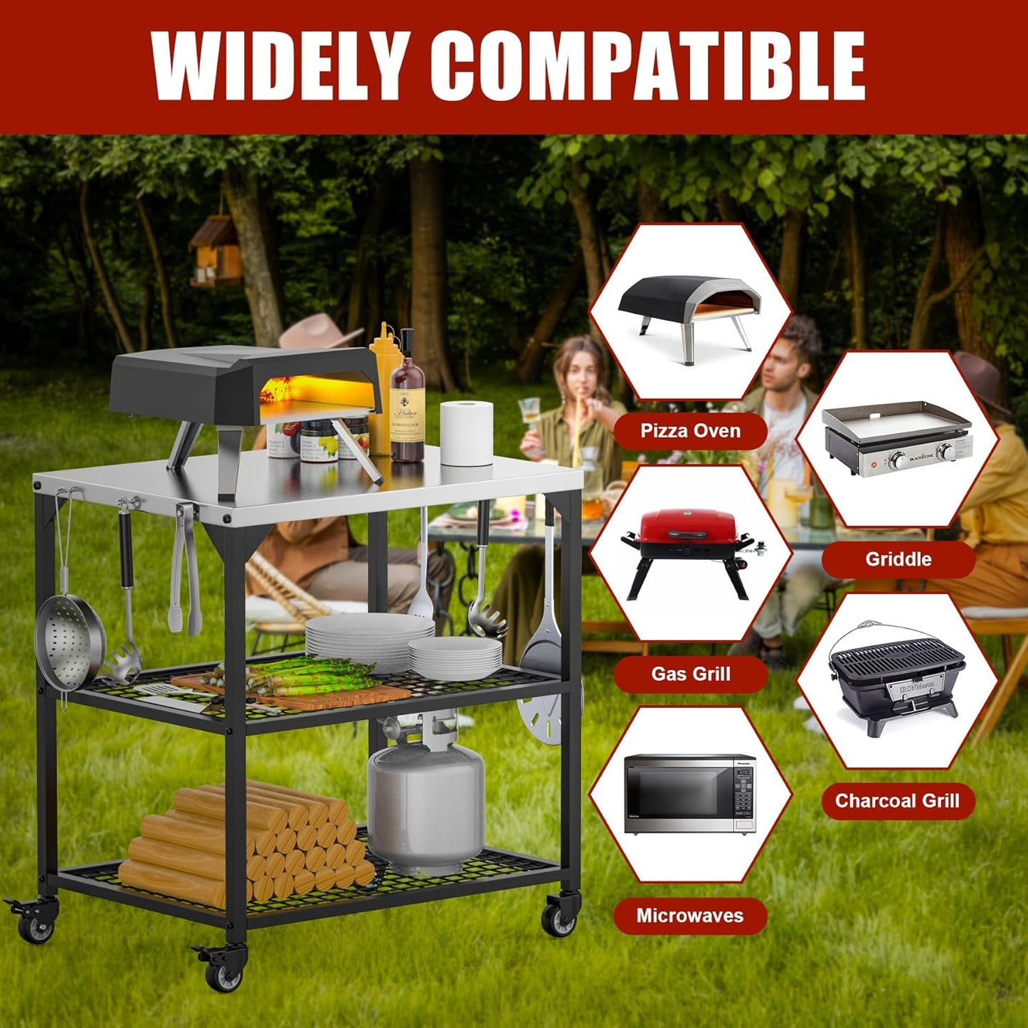 KEESHA Multi-Functional Stainless Steel Pizza Oven Stand Station 35.5 x31.5 x24'' Grill Trolley Stand for Outdoor Indoor Movable Dining Food Prep Cart with 3 Shelves for Ooni, Weber, Blackstone, Ninja