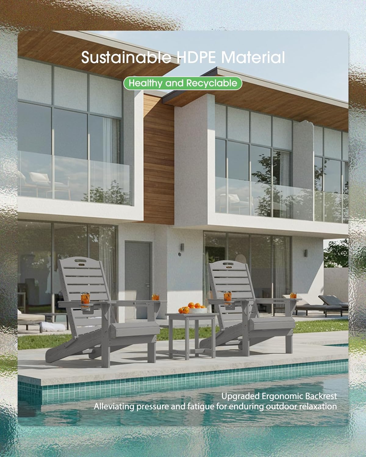 Adirondack Chair Folding HDPE Adirondack Chairs with Cup Holder, Outdoor Fire Pit Chairs All-Weather Lawn Chair for Deck Patio Garden (Grey)