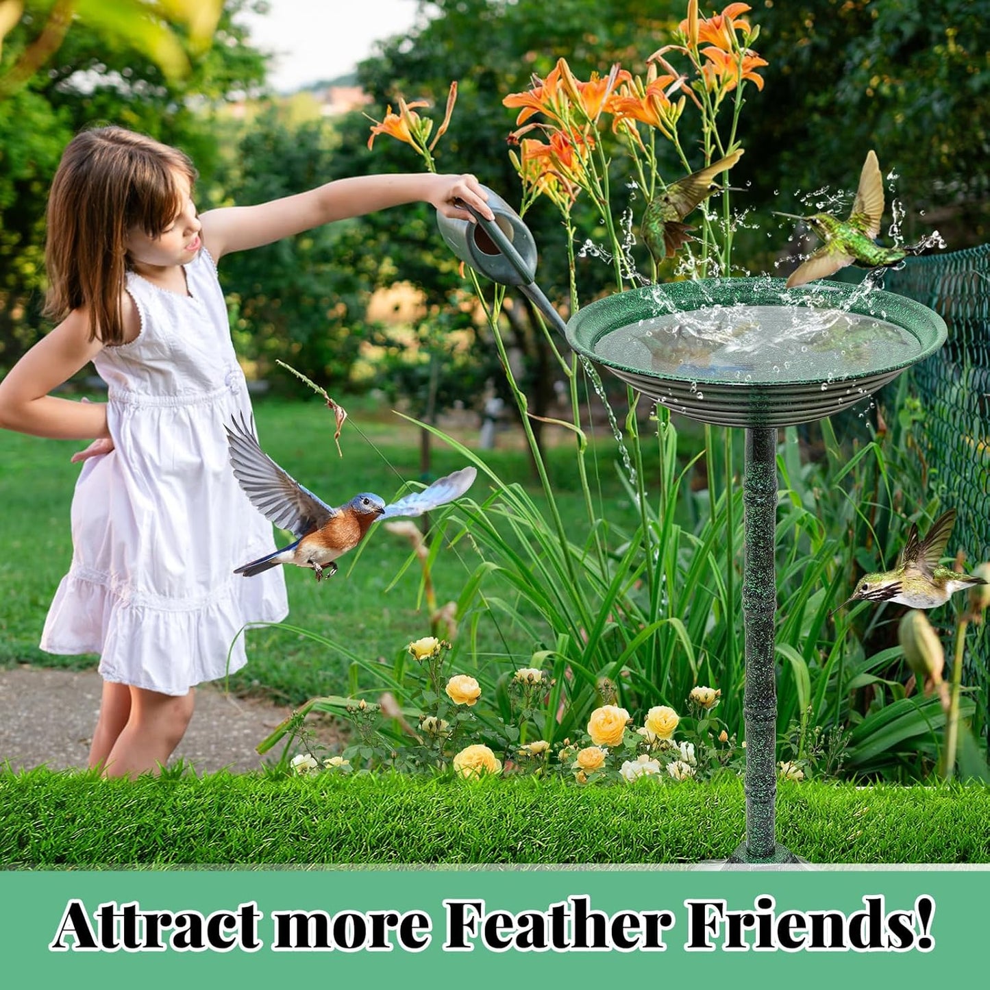 Bird Bath for Outside with Pedestal, Vintage Freestanding Garden Metal Birdbaths & Birdfeeder, Birdbaths Bowl Bird Baths for Outdoors Yard Garden Lawn Decor, Upgrade Dual-use Base (Dark Green)