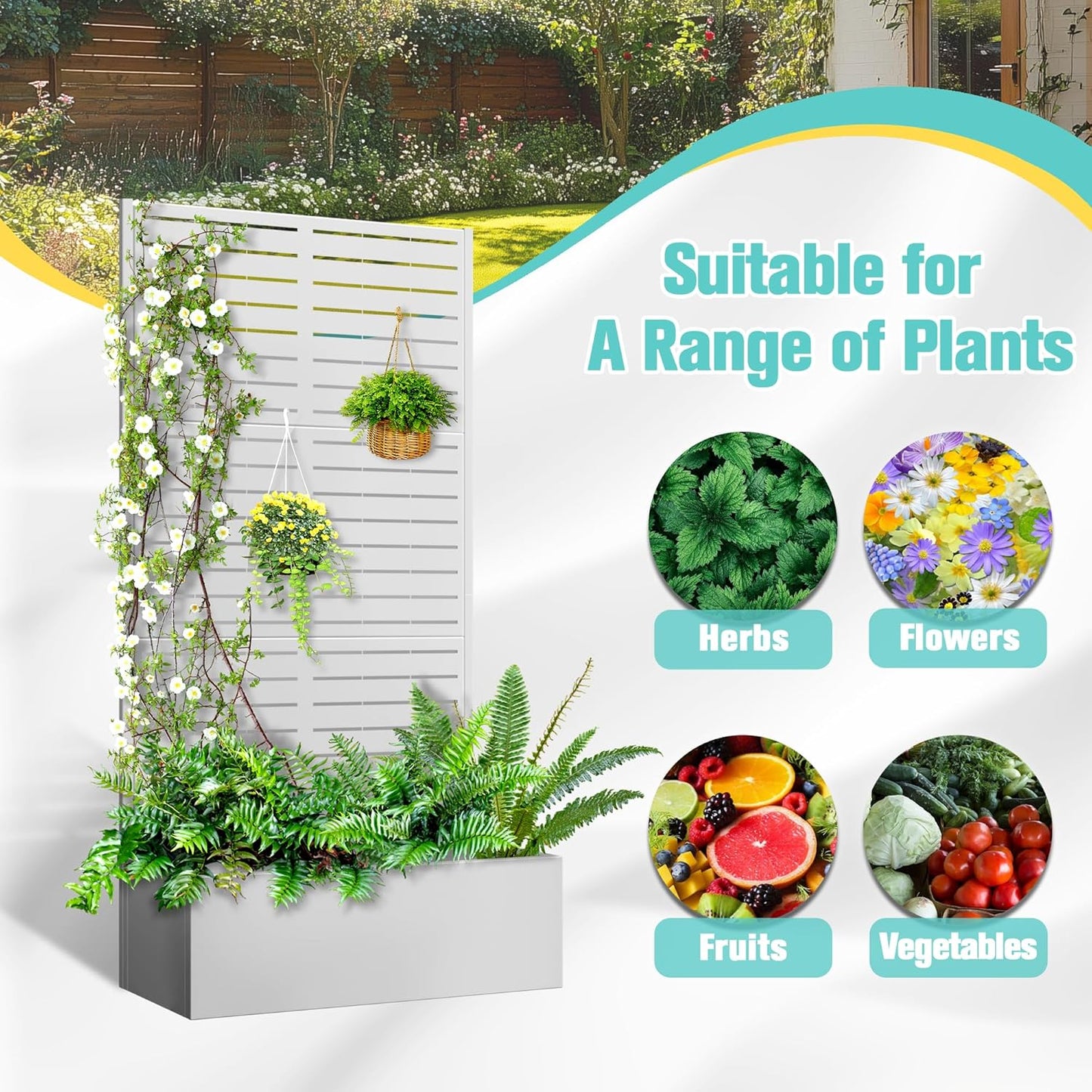 71"x35"x16" Metal Planter Box with Trellis Raised Garden Bed with Trellis, Planter Box & Privacy Screen for Climbing Plants, Vegetable, Vines(White, Louvered)