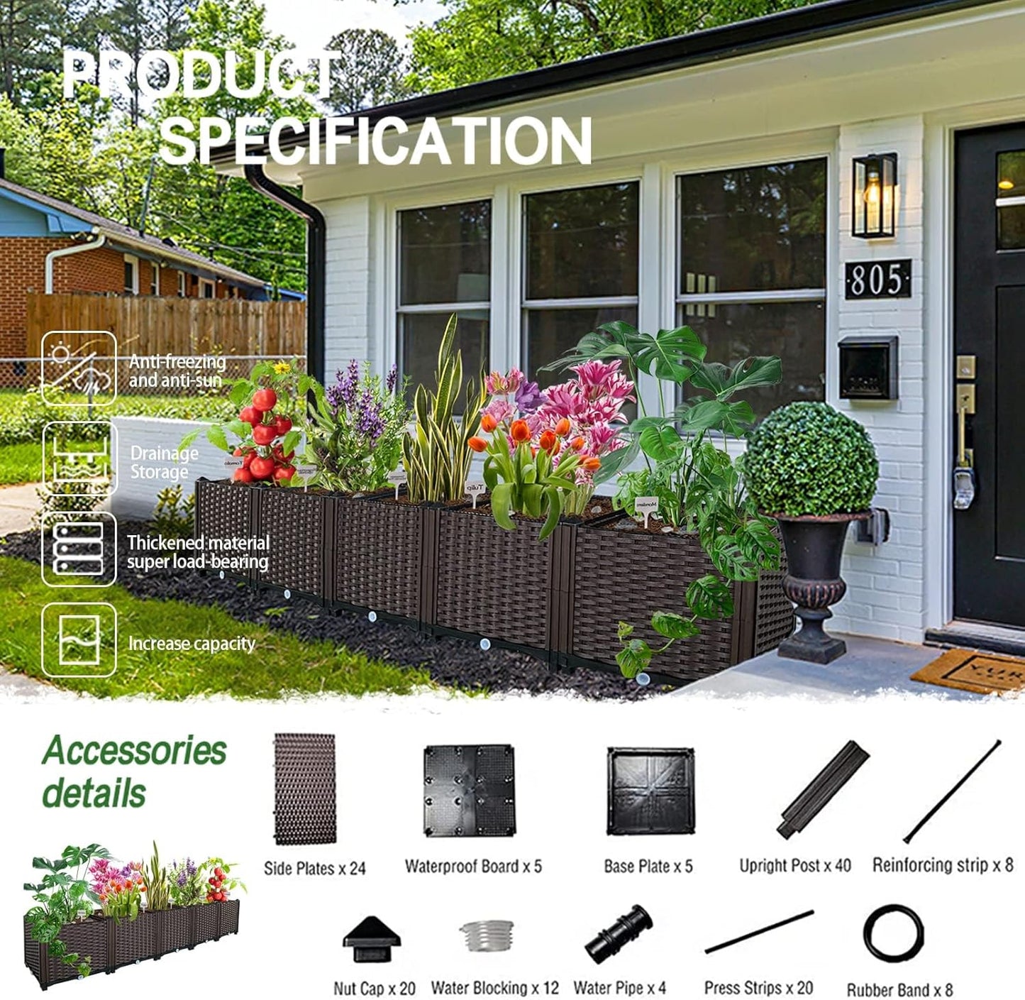 Large Planters for Outdoor Plants Garden Boxes Outdoor Raised Garden Bed Heat and Frost Resistance Planters Garden Box with Drain Outlet for Vegetables/Herbs