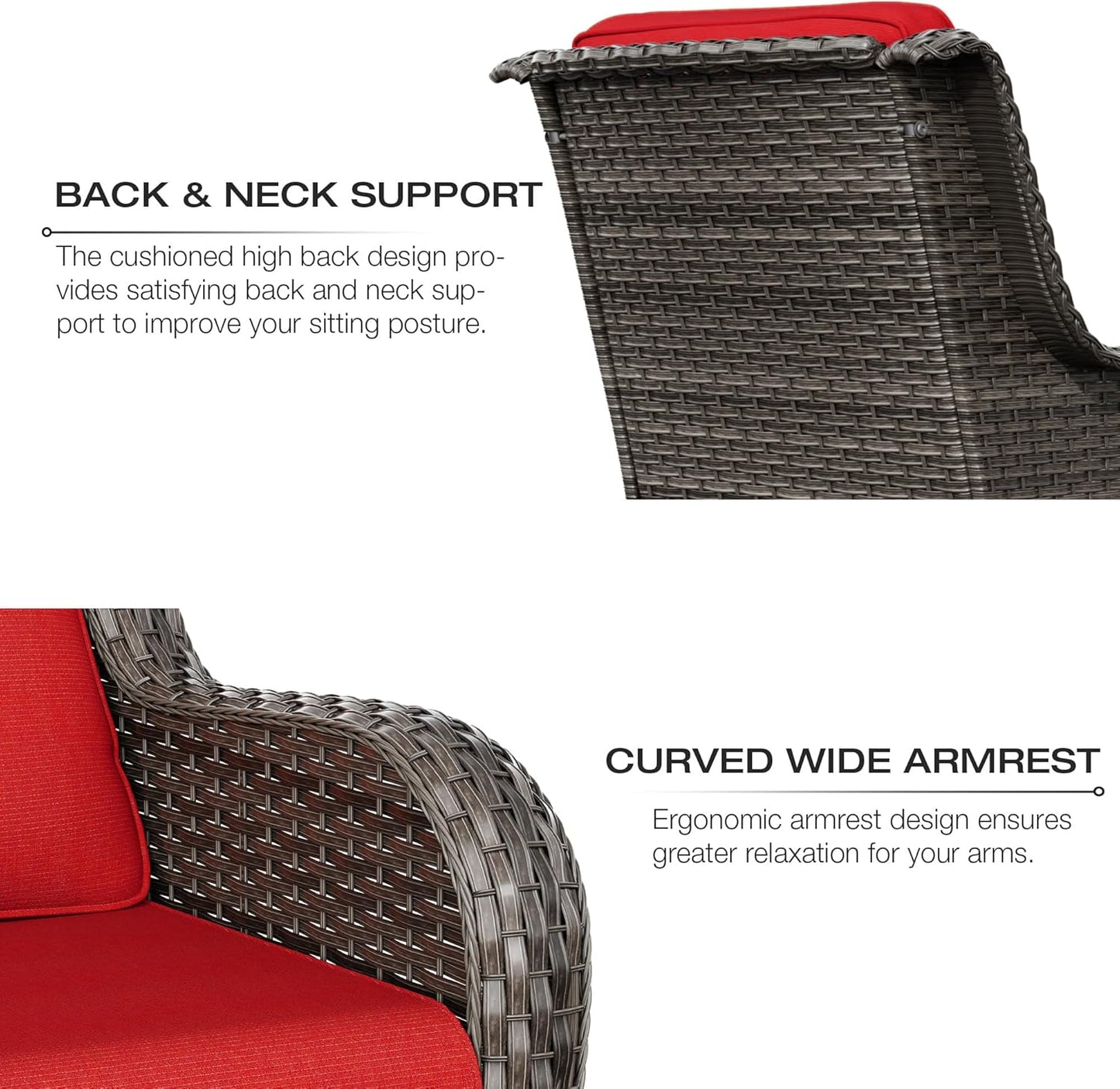 Joyside Patio Furniture Set 5-Piece Wicker Outdoor Furniture Conversational Set with 3-Seat Sofa, 2 Armchairs, 2 Ottoman Patio Rattan Wicker Sectional Sofa Set with Olefin Cushions(Mixed Grey/Red)