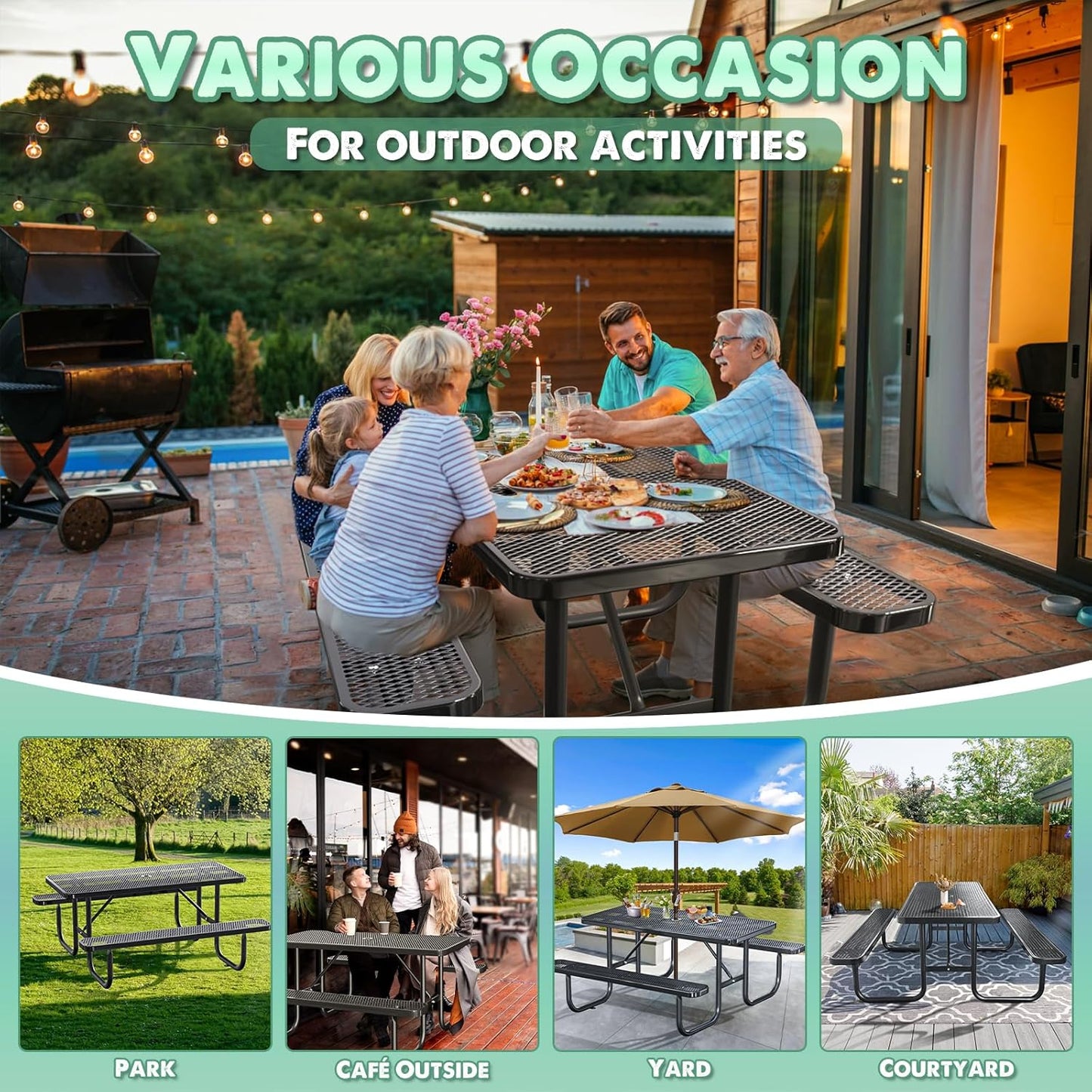 Heavy-Duty Park Bench or Table for Outside - Black Coated Outdoor Furniture Steel Bench, Commercial-Grade Outdoor Benches Weatherproof for Park, Patio, Porch (Black, 6FT (Rect. Table))