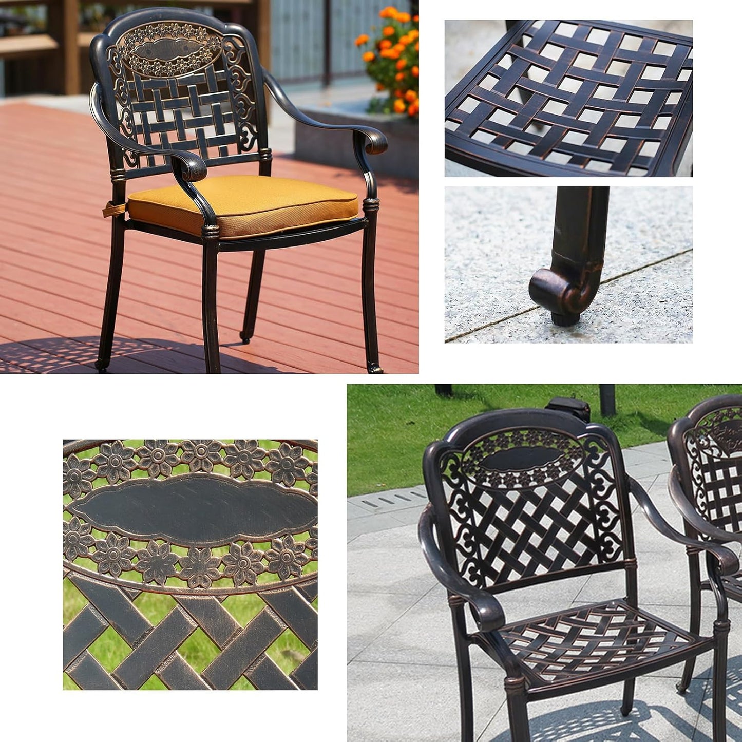 Outdoor Dining Chair Cast Aluminum Patio Chairs Set of 2 All-Weather Patio Dining Chair with Adjustable Feet for Backyard Garden (C-Style Finland Chair)