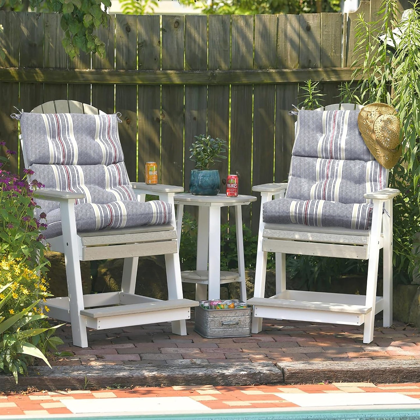 LVTXIII Outdoor Tufted High Back Cushions Set of 2 Patio Seasonal Replacement Rocking Chair Cushion with Ties, Solid Seat and Back Chair Cushion, (44” L x 22W”, Stripe Denim Blue)