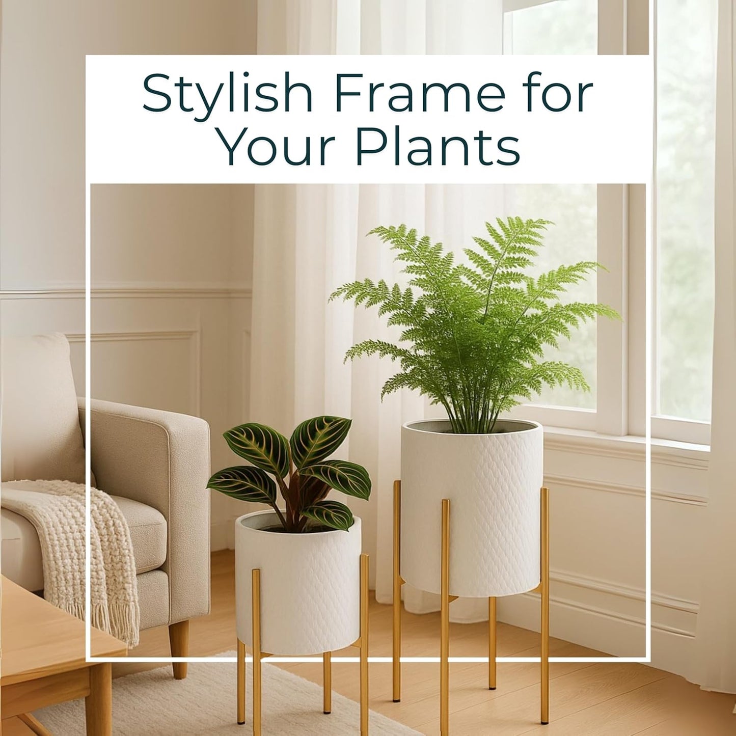 Set of 2 Metal Decorative Planter Pot with Gold Stand – Outdoor & Indoor Plant Pot with Embossed Textured Finish – Modern Garden & Home Decor Iron Planters – 23" & 19", White