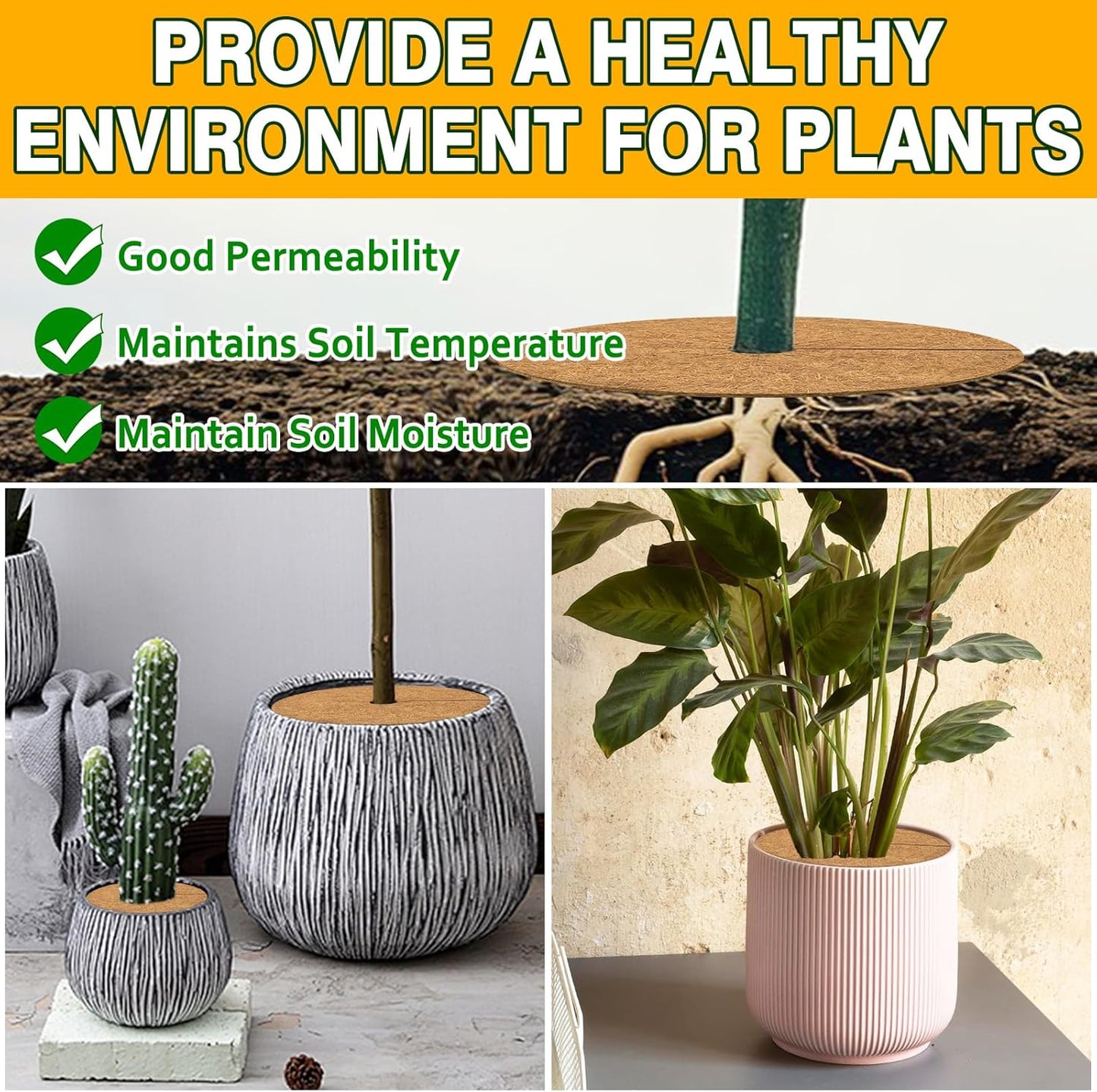 ZeeDix 3 Pack 24 Inch Coconut Fiber Tree Mulch Ring, 100% Natural Coco Coir Tree Ring Mulch Mat, Coconut Coir Discs Plant Cover Tree Protectors Mats Mulch Rings for Landscaping Trees Outdoor Plants