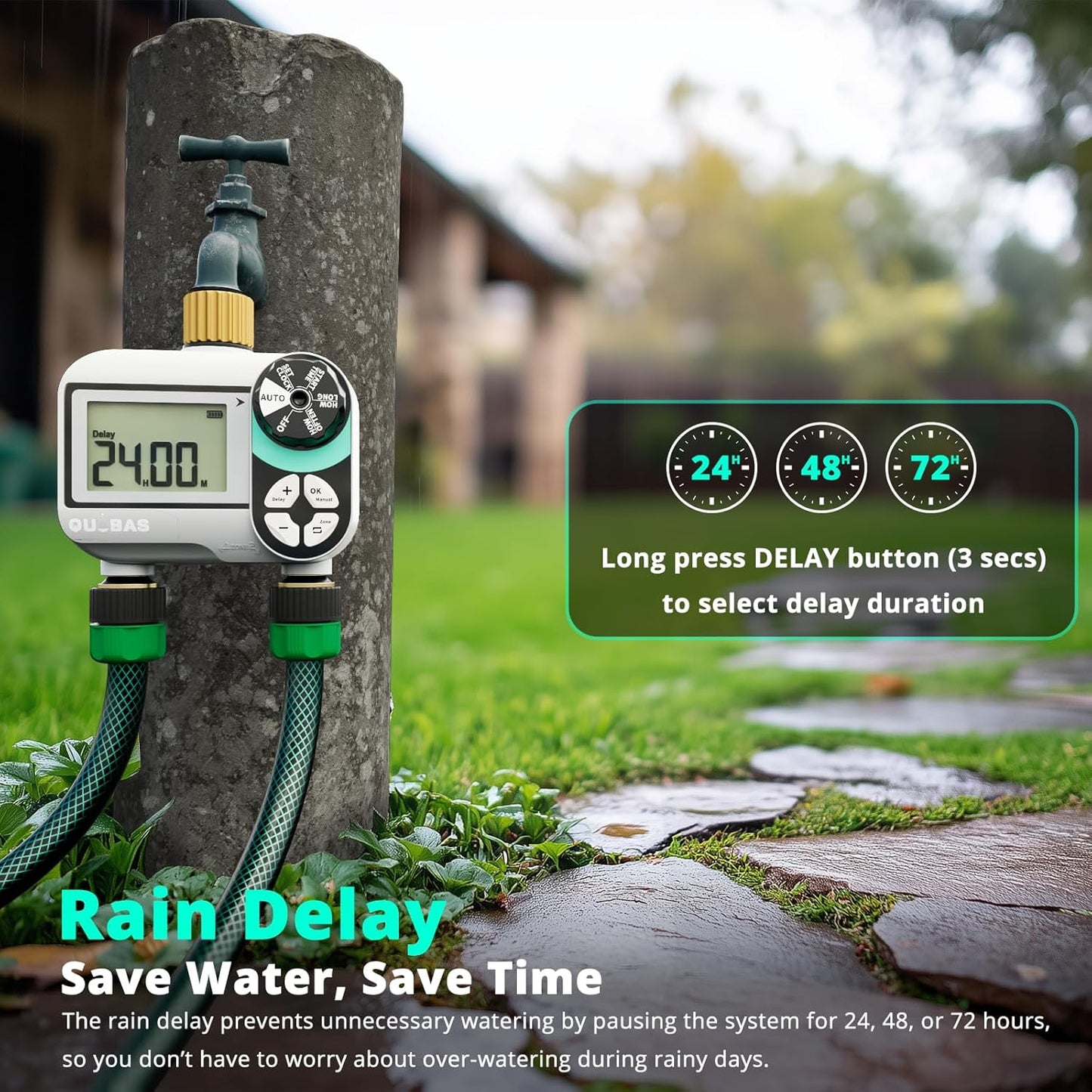 [2 Pack] QUOBAS 2 Zone Water Timer for Garden Hose, Automatic Sprinkler Timer with Dual Outlets, Heavy Duty Brass Fittings, Leak-Free, Programmable, for Lawn Watering and Drip Irrigation System