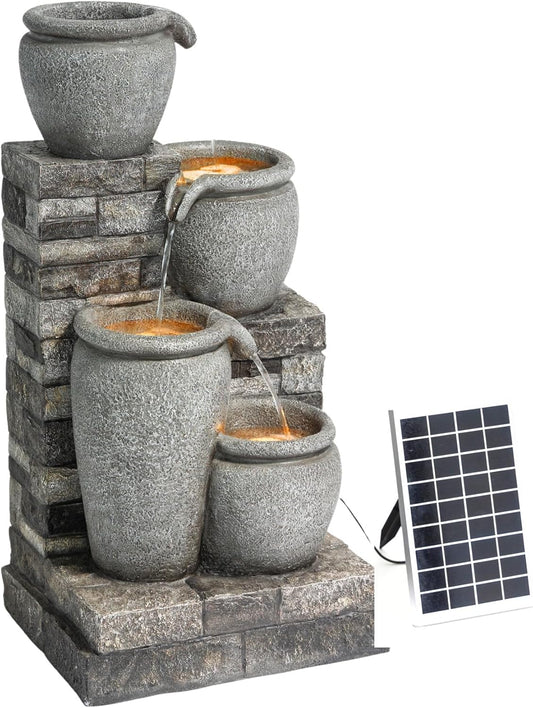 Teamson Home 30.7" 4-Tier Cascading Bowl Solar Powered Water Fountain for Outdoor Living Spaces, Gray