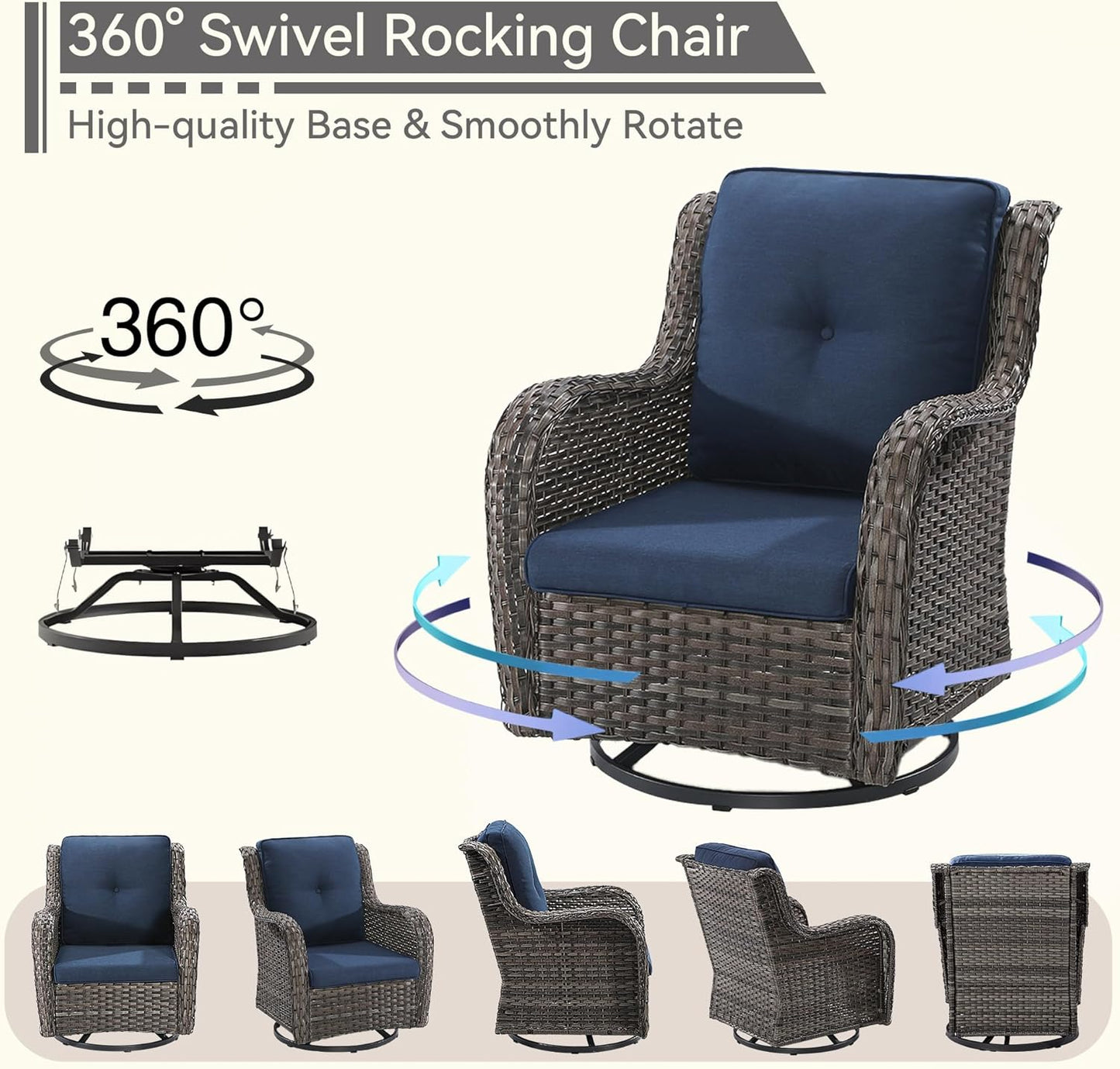 6 Pieces Outdoor Furniture Set - Patio Wicker Swivel Rocker Chair Set of 4 and 2 Side Table, Blue, Mixed Brown Rattan, Suitable for Porch, Yard