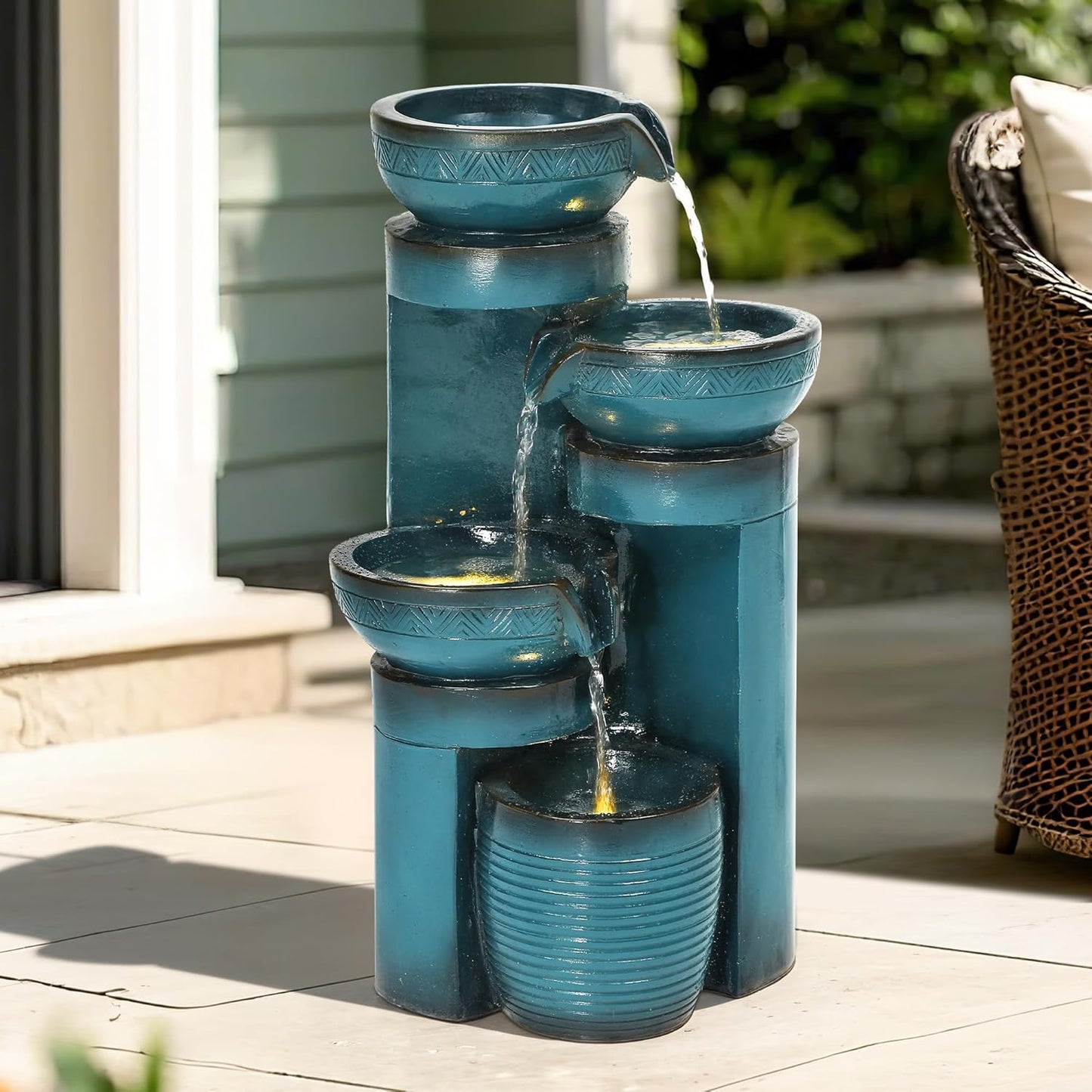 Autodaya 19.3" H Pedestal Outdoor Water Fountain with LED Lights and Pump, 4-Tier Cascading Water Feature, Tranuil Waterfall for Relaxing Garden, Patio, Yard, or Porch, Turquoise, Faux Ceramic Finish