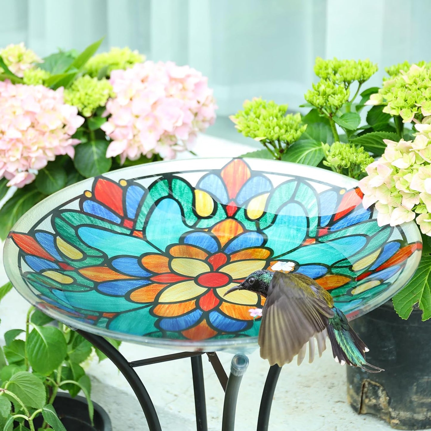 MUMTOP Bird Bath-Bird Baths for Outdoors - Glass Large Bird Bath Bowl with Metal Stand, Symmetrical Patterns Bird Feeders for Outside and Garden, Patio,Lawn Decor