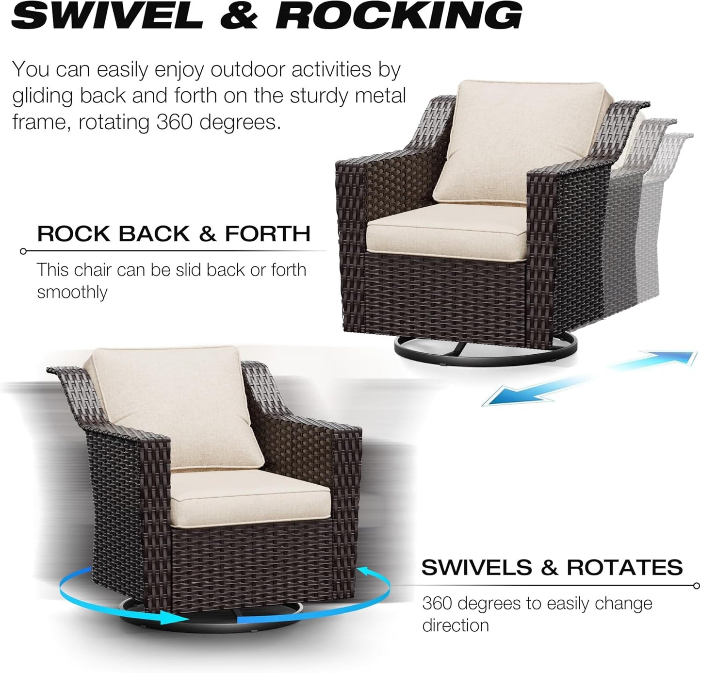 Joyside Wicker Patio Furniture Sets, 7 Pieces Upgraded Large Size Outdoor Furniture with Swivel Rocking Patio Chairs, 3-Seat Sofa, Outdoor Ottoman and Coffee Table, Thick Cushions, Wide Armrest
