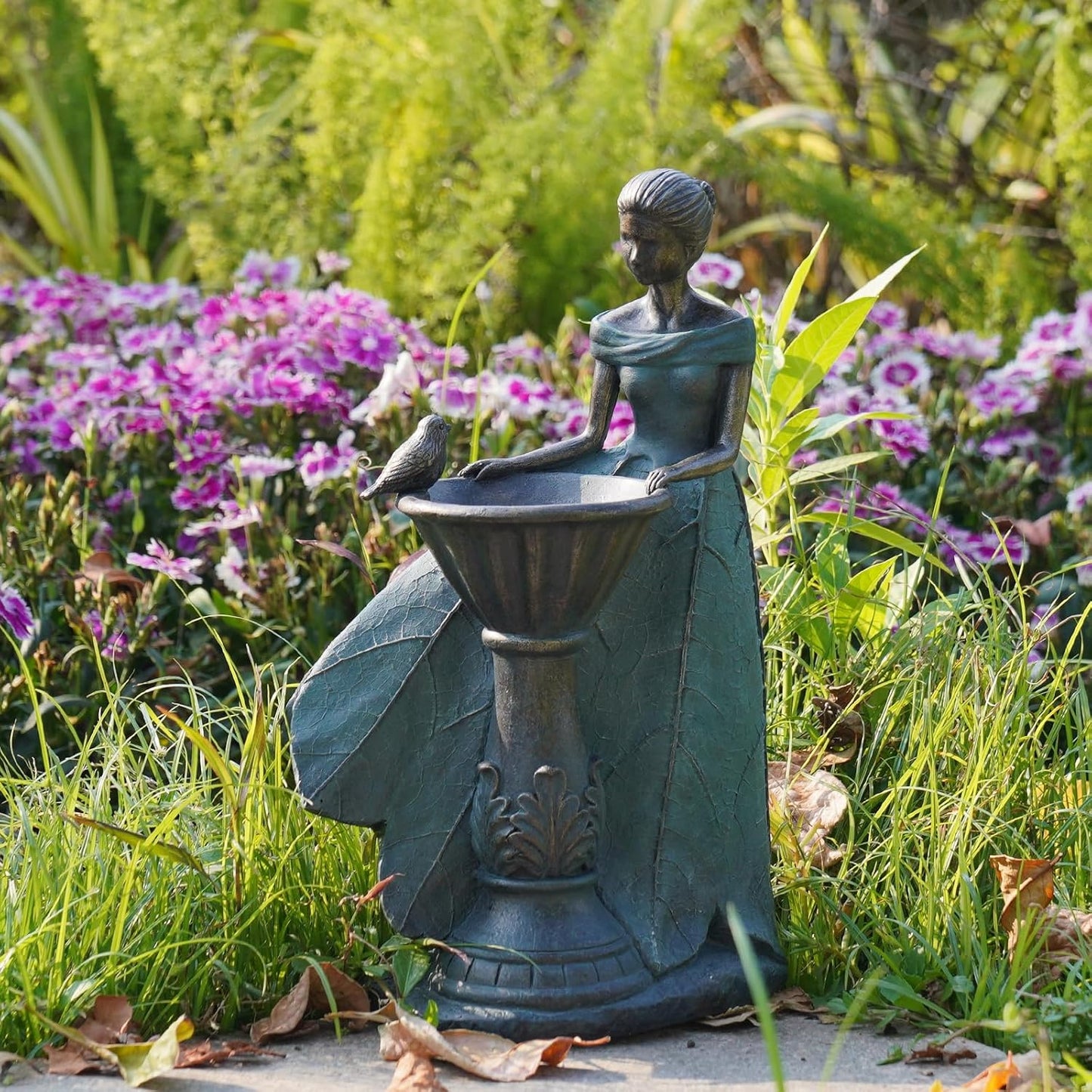 DiliComing Fairy Outdoor-Statues Garden-Decor with Solar - 12 Inch Resin Leaf Girls Birdbath Sculpture Waterproof Outdoor Decor for Patio/Yard, Unique Bird Feeder Figurines Home Decor Gifts for Women