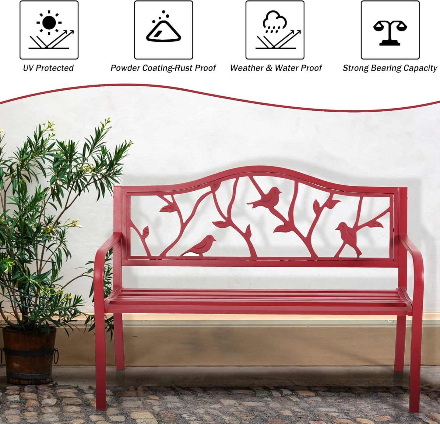 PHI VILLA Outdoor Patio 50" Metal Park Bench Red, Steel Frame Bench with Backrest and Armrests for Porch, Patio, Garden, Lawn, Balcony, Red Bird