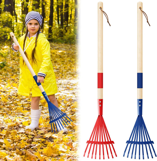 Suclain 2 Pcs Mini Rakes with Hardwood Handle Small Rake for Gardening Yard Tools Multicolor 28'' Mini Rake for Leaves Lightweight for Garden Leaf Tools