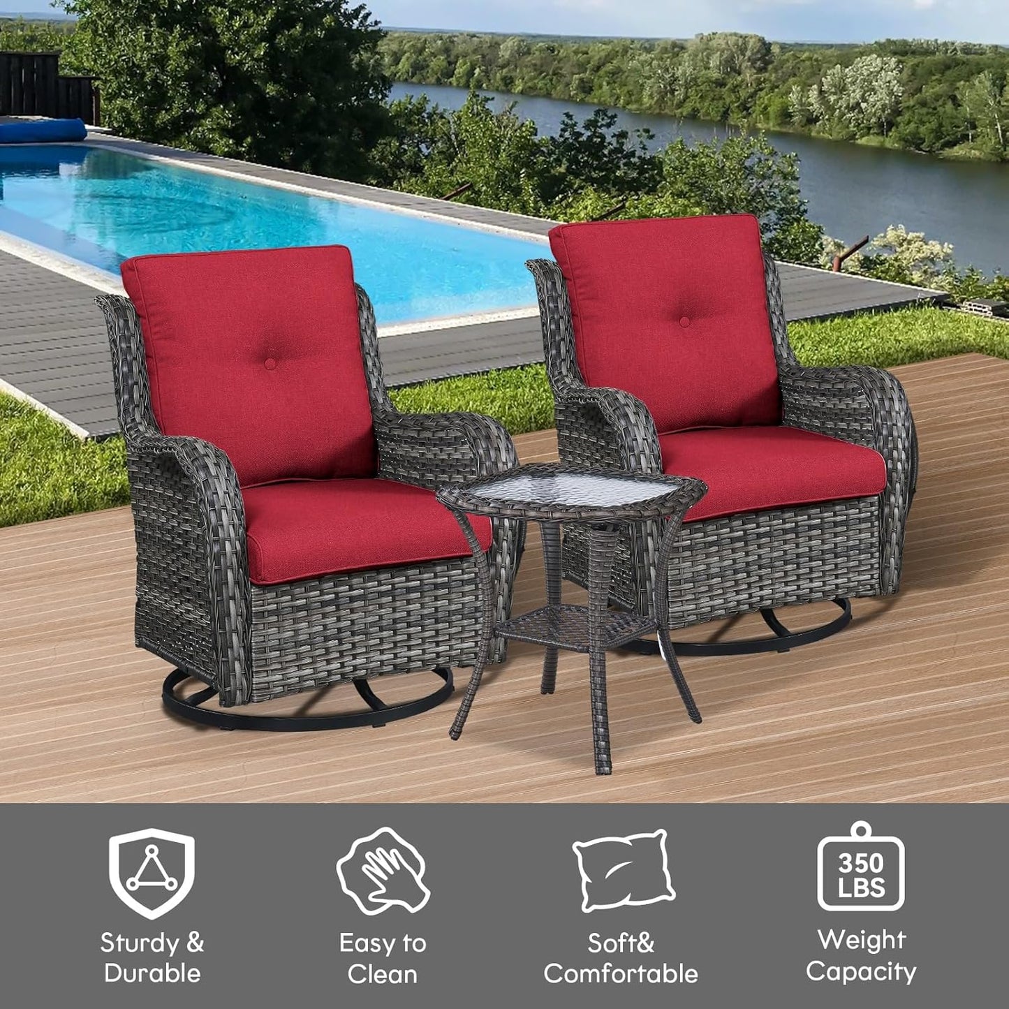 Outdoor Swivel Rocker Wicker Chairs Set of 3, High Back Swivel Patio Chairs Wicker Furniture Set, 2 PCS Rattan Swivel Rocking Chair with Side Table, Red Cushion