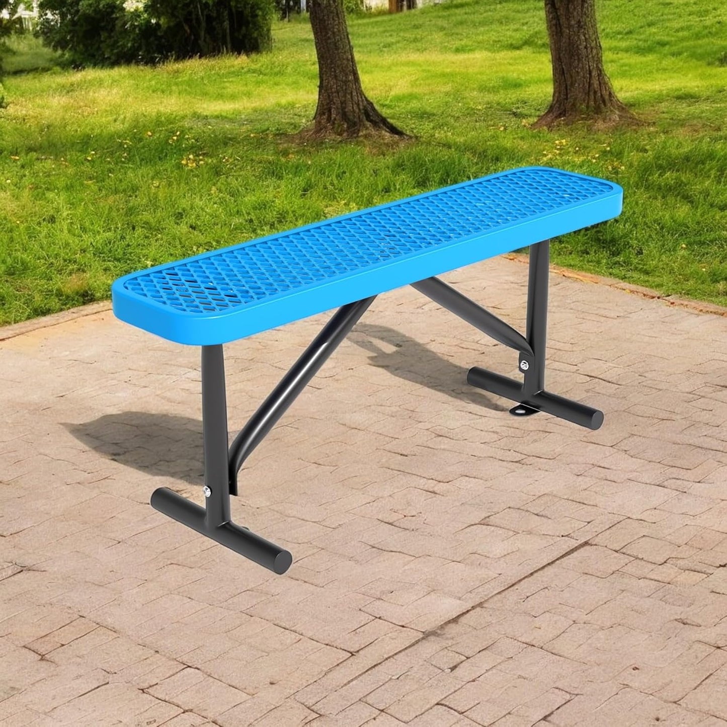 48" L Outdoor Steel Flat Bench, Heavy Duty Metal Park Bench for Outside, Expanded Metal, Commercial Benches Mesh Bench for Shopping Mall, Store, Lawn, Park, Patio, Deck, Garden (Blue, 4FT)