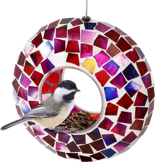 Sunnydaze 6-Inch Glass Mosaic Hanging Bird Feeder for Outdoors - Fly-Through Wild Bird Feeder - Crimson Mosaic