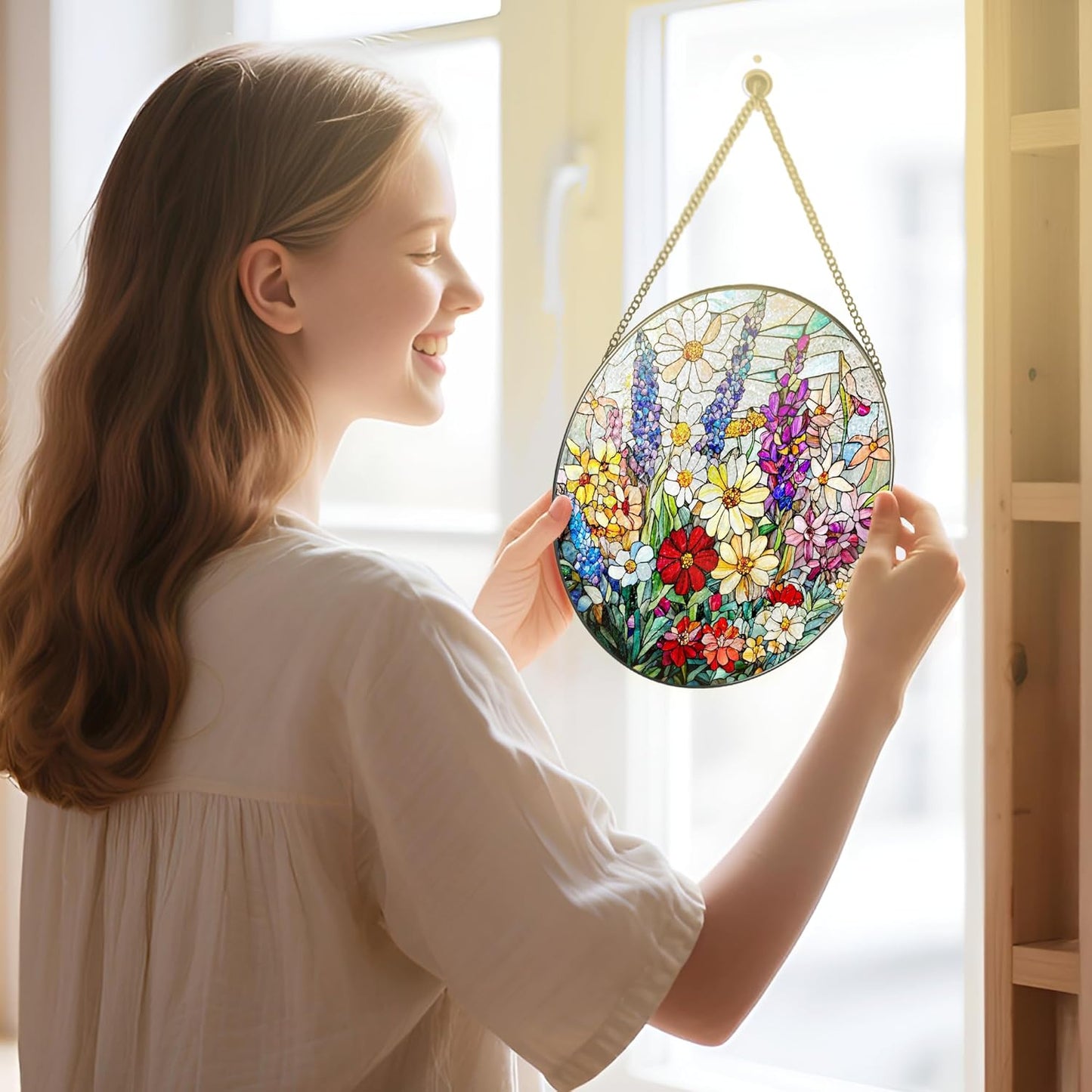 Stained Glass Window Hanging, 8 Inch Wildflower Stained Glass Suncatcher, Suncatchers for Windows Hanging, Wildflower Window Decor, Florist Gift, Flower Lover Gifts, Gifts for Mom, Grandma