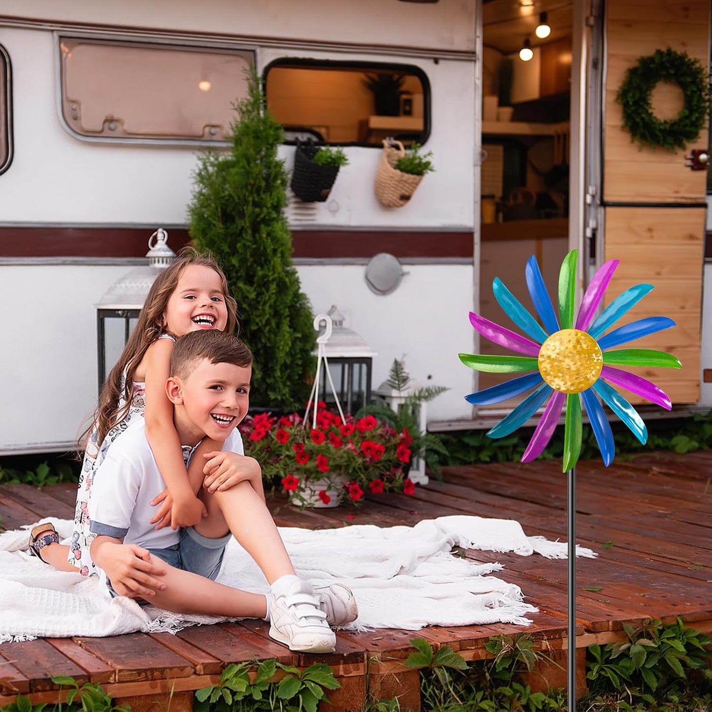 Metal Wind Spinners Outdoor, 360° Wind Sculpture Spinner with Metal Stake, Waterproof Spinners Green Kinetic Wind Spinner for Yard Lawn Decor (B- Colourful 2PC)