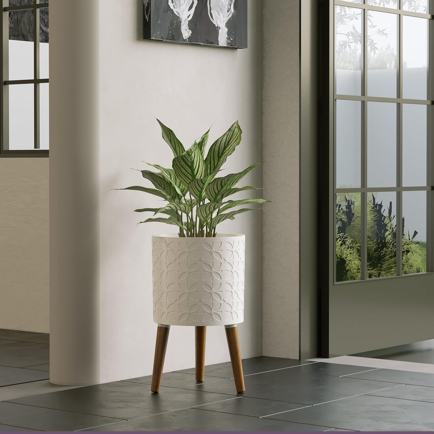 10 Inch Planter Pot with Stand, Planter for Indoor Plants, Modern Large Flower Planter Pot with Drainage Holes for Outdoor,Matte White