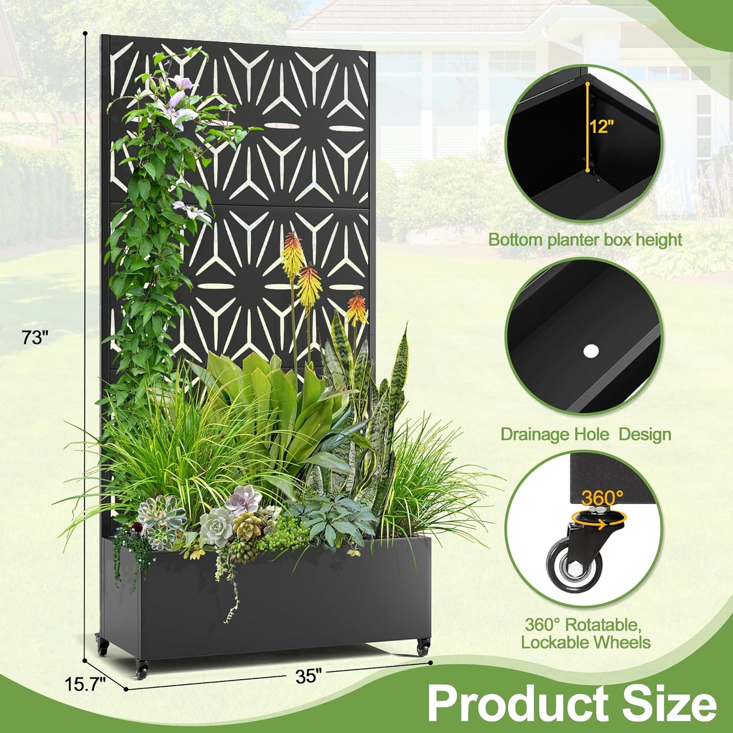 Raised Garden Bed with Trellis and Wheels,73"x35"x16" Metal Raised Garden Bed,Black Star Metal Planter with Climbing Trellis for Vines & Vegetables