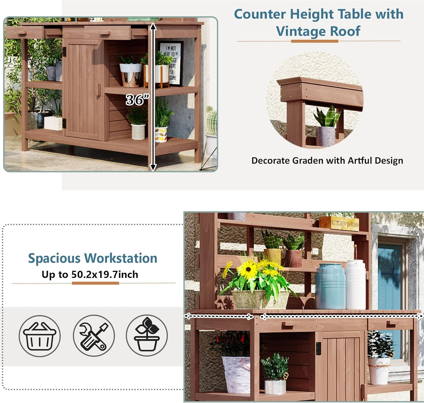 Outdoor Wooden Potting Bench Table – Farmhouse Garden Workstation with Drawers, Cabinet & Storage Shelves, Large Fir Wood Work Table for Patio, Backyard, Mudroom, Greenhouse (Dark Brown, 66'' H)
