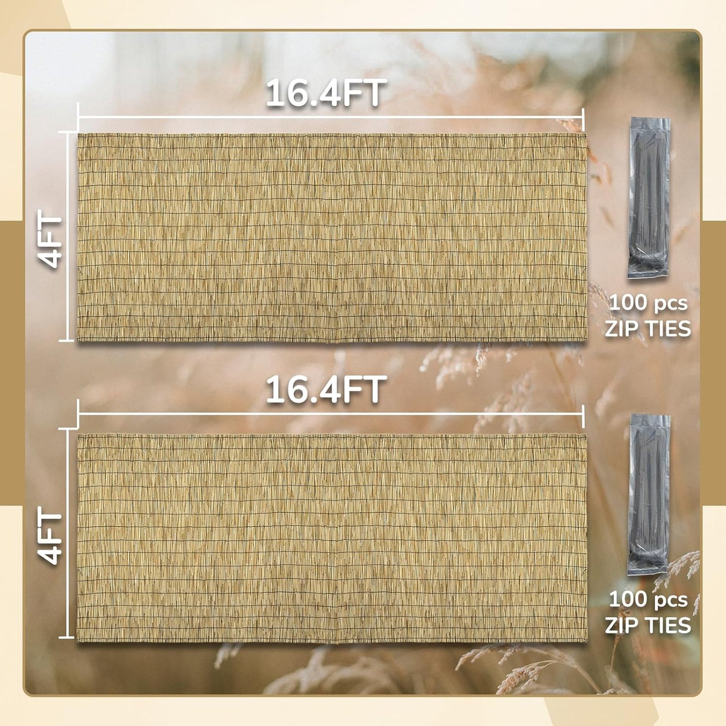 Natural 2 Pack 4FT X 16.4FT Reed Fencing Roll, Balcony Privacy Shade Reed Bamboo Fencing Garden Fence Border, Wind Block Sunshade Fence Screen for Outdoor Yard Patio Flower Bed Edge