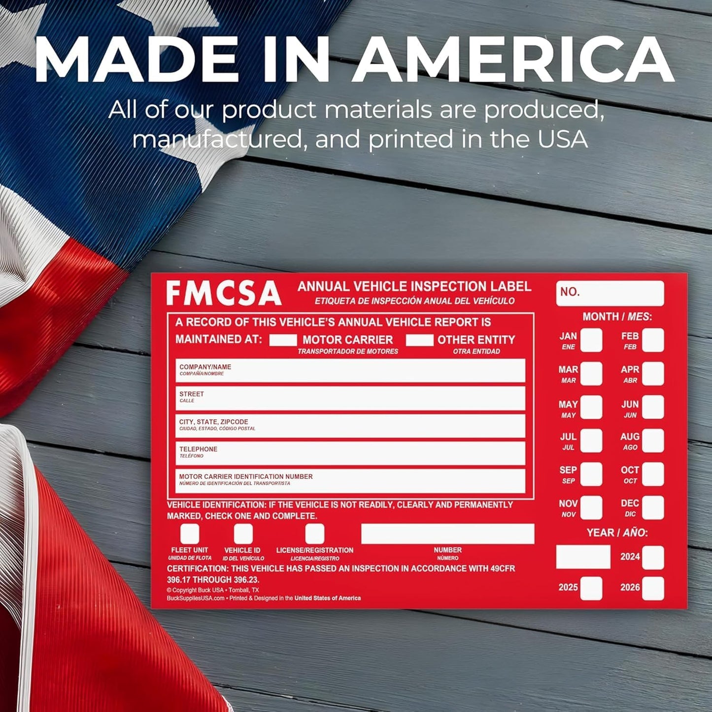 25 Pack Buck Aluminum Annual Vehicle Inspection Label with Punch Boxes, 2 Mil Red FMCSA Self Adhesive Sticker, DOT Compliant, Weatherproof, Tear Resistant, Easy to Write On, 6" x 3.5" - Made in USA