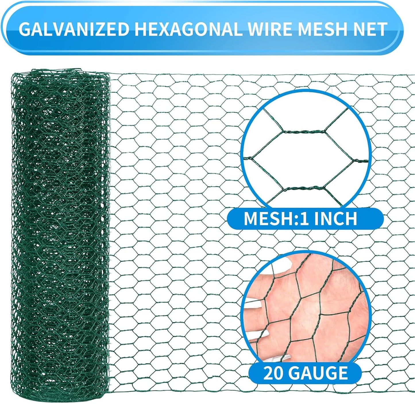 24'' x 150' Green Chicken Wire Fencing, 1 inch Chicken Wire and 20 Gauge Poultry Netting, Garden Mesh Fence Roll for Floral Arrangements/Crafts/Farm/Livestock/Pet Protection