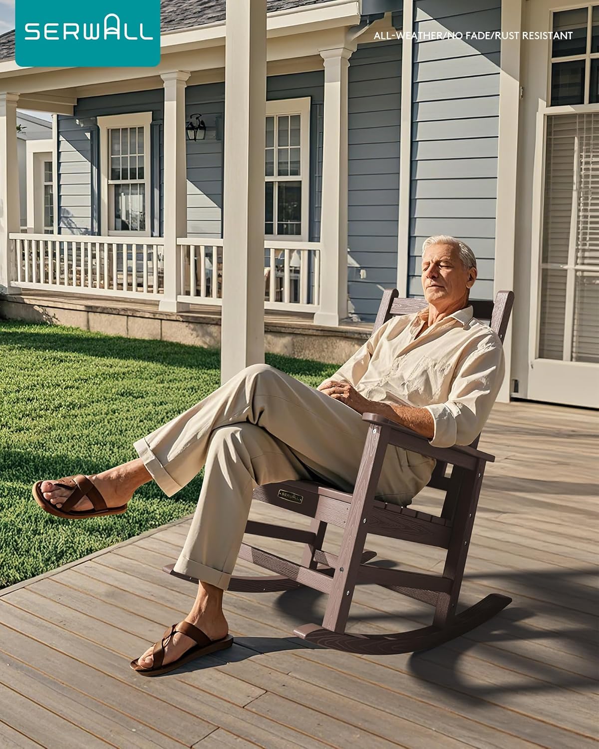 SERWALL Oversized Outdoor Rocking Chair Set of 4, HDPE Rocker for Adults, Patio Rocking Chairs for Porch, Brown