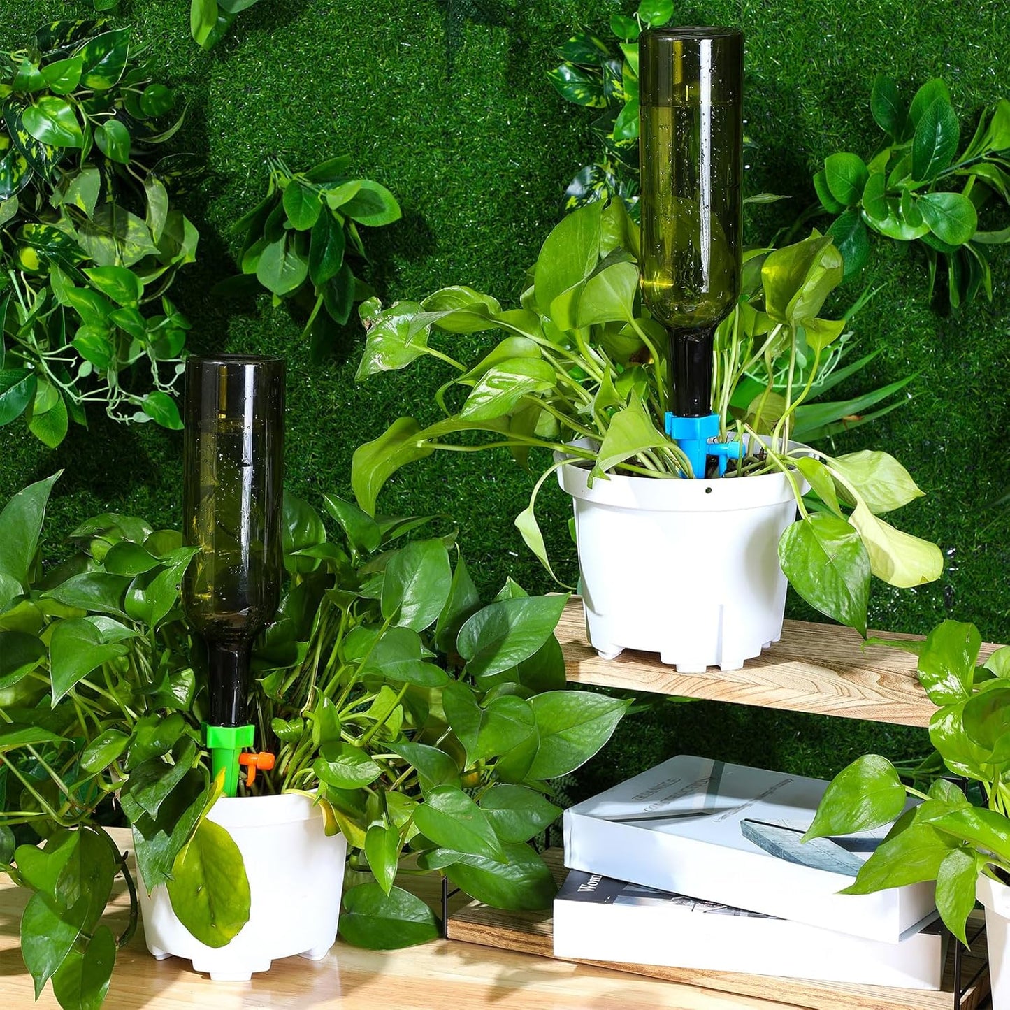 8 Set Plant Watering Devices with Self Watering Spikes and 26 oz Plastic Bottles Plant Waterer Devices with Adjustable Control Valve Switch Indoor Outdoor (Green)