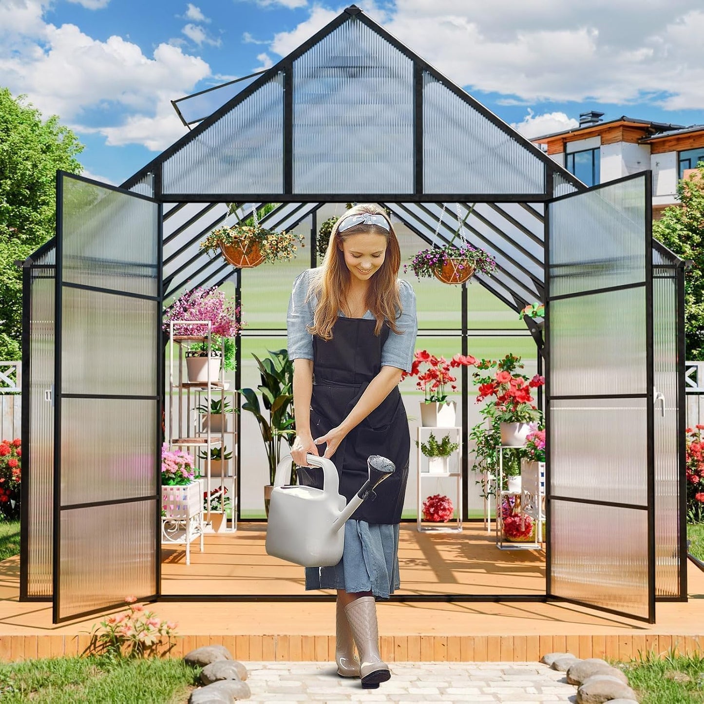 10x16 FT Greenhouse for Outdoor, Large Easy Assembly Heavy Duty Polycarbonate Panels Aluminum Frame Walk-in Green House with 3 Windows Wider Door for Garden Plants