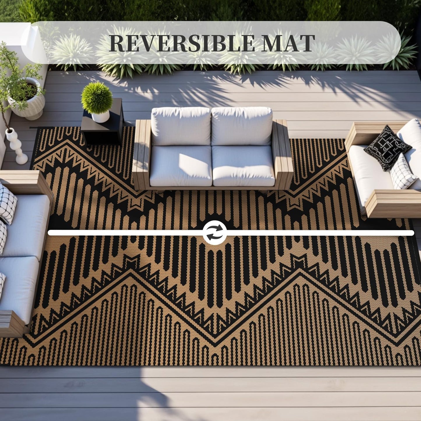 MontVoo Outdoor Rug 8x10 Waterproof Patio Rug-Outdoor Carpet Mat Reversible Plastic Straw Outside Outdoor Rug for RV Camping Picnic Balcony Backyard Pool Deck Porch Modern Boho Black Brown