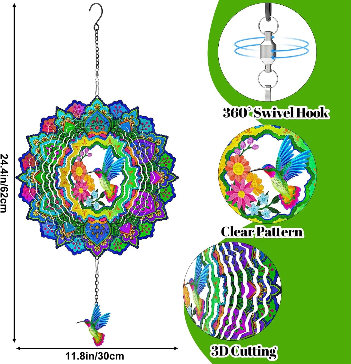 Hummingbird Wind Spinners, 12In Hanging Wind Spinner for Women Mom Grandma, 3D Stainless Steel Laser Cut Wind Sculptures Catcher for Window Outdoor Garden Yard Decor(Colorful)