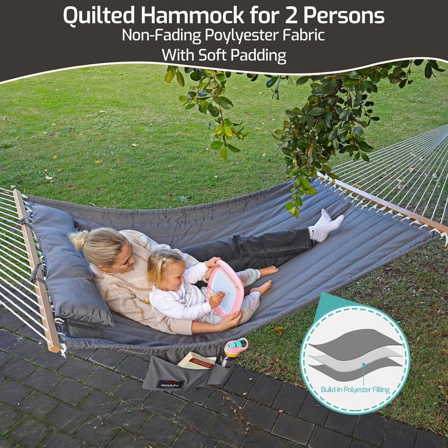 Double Quilted Fabric Hammock with Hardwood Spreader Bars and Pillow 450 LBS Capacity 2 Person Large Hammock for Outdoor Patio Backyard Poolside - Dark Grey