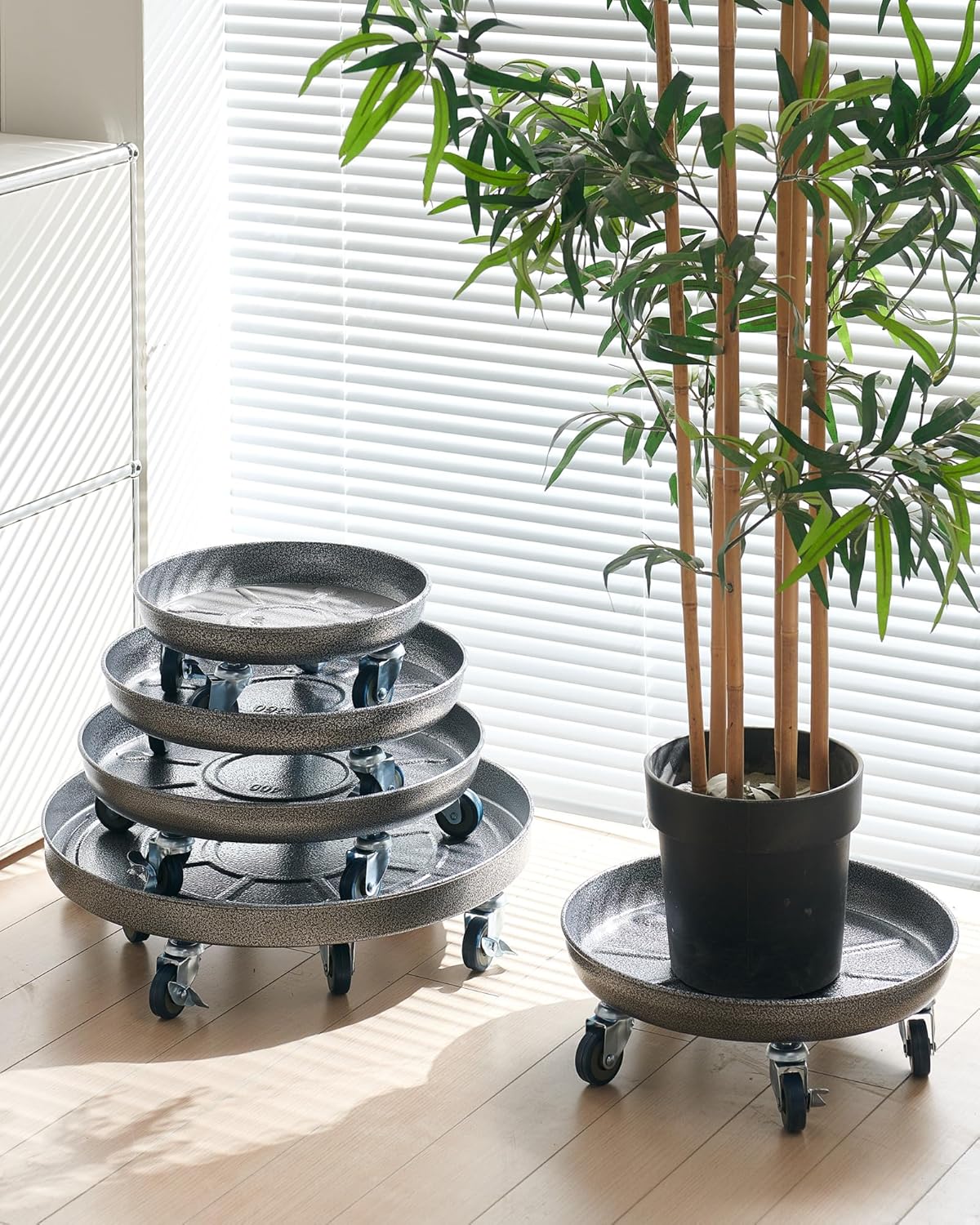 Choclaif Plant Caddy with Wheels,2 Pack Silver Heavy Duty Plant Stand with Universal Wheels,Round Pot Trolley for Indoor Outdoor 14inch