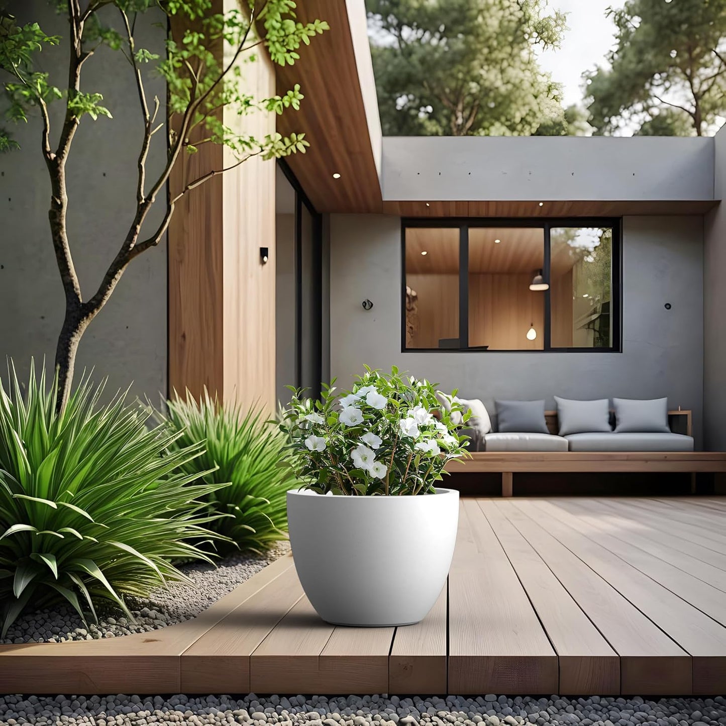 Kante 14.2 Inch Round Concrete Planter - Classic Large Indoor/Outdoor Plant Pot with Drainage Hole and Rubber Plug, Suitable for Gardens and Patios, White Finish with Aqua Blue Interior