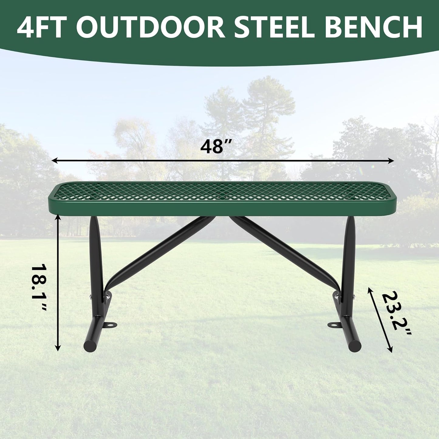 48" L Outdoor Steel Flat Bench, Heavy Duty Metal Park Bench for Outside, Expanded Metal, Commercial Benches Mesh Bench for Shopping Mall, Store, Lawn, Park, Patio, Deck, Garden (Green, 4FT)