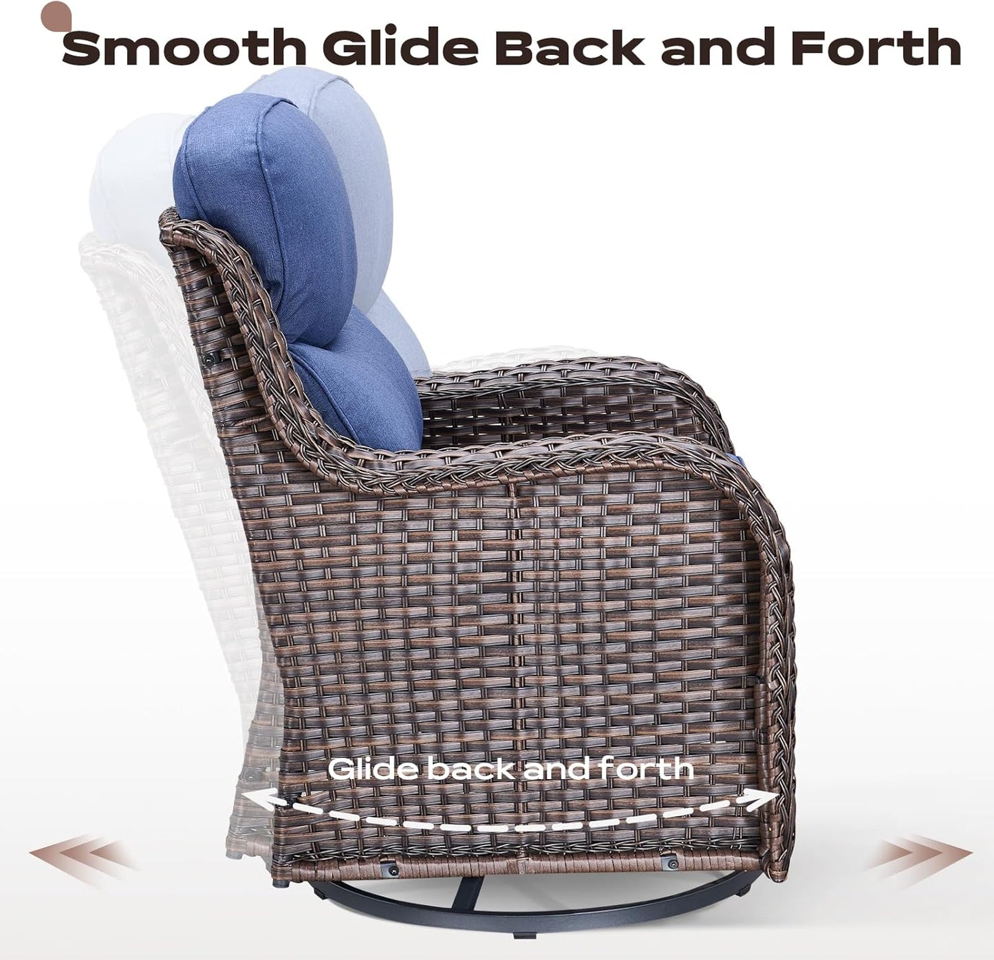 Wicker Outdoor Patio Furniture Set - 7 Piece Patio Conversation Sets with Swivel Rocker Chairs, Ottomans and Sofa, 6 inch Cushions, Waterproof Wicker, for Porch Deck Brown/Blue