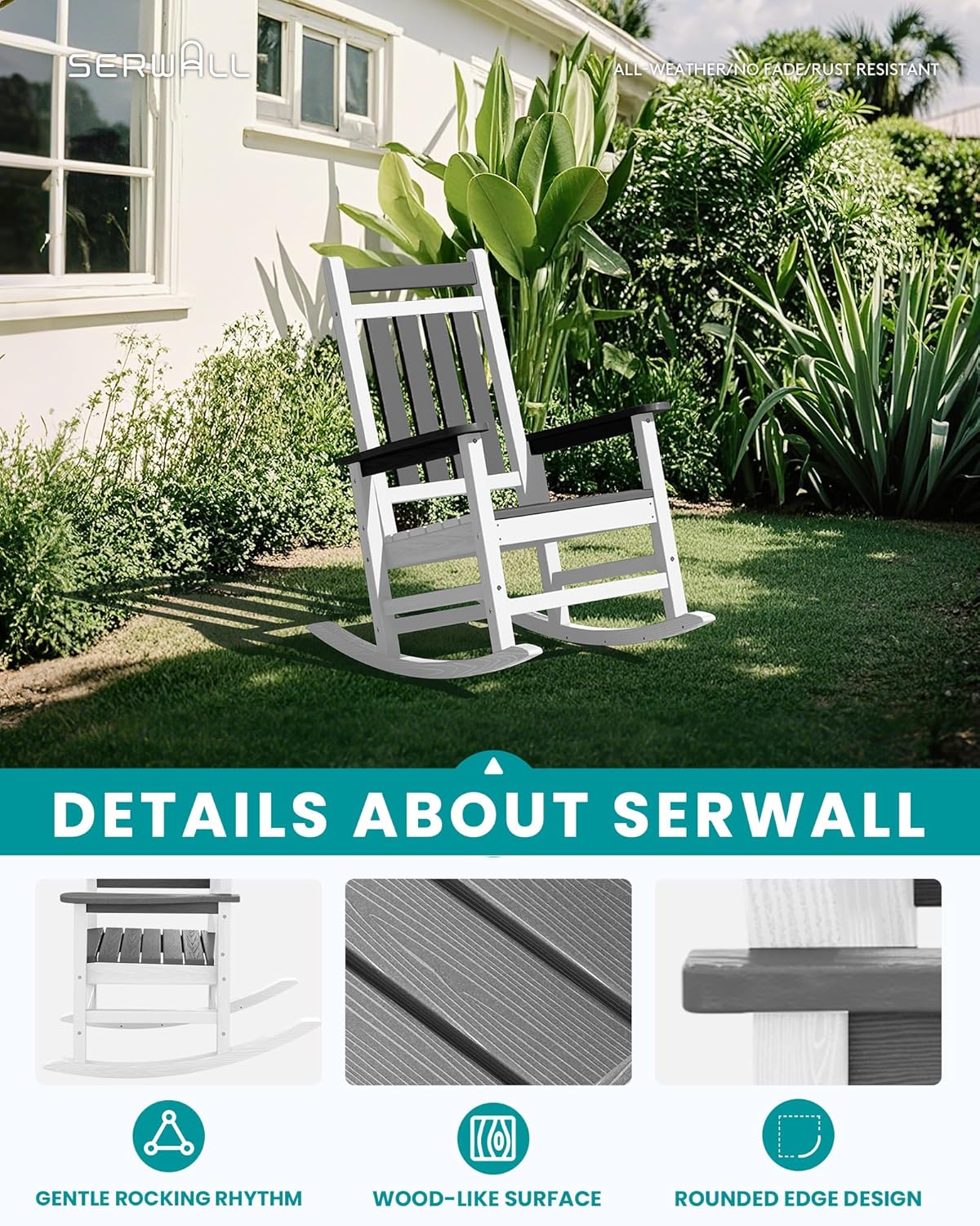 SERWALL Outdoor Rocking Chair, HDPE Rocking Chairs for Adult, All Weather Porch Rockers for Lawn Garden, Gray & White