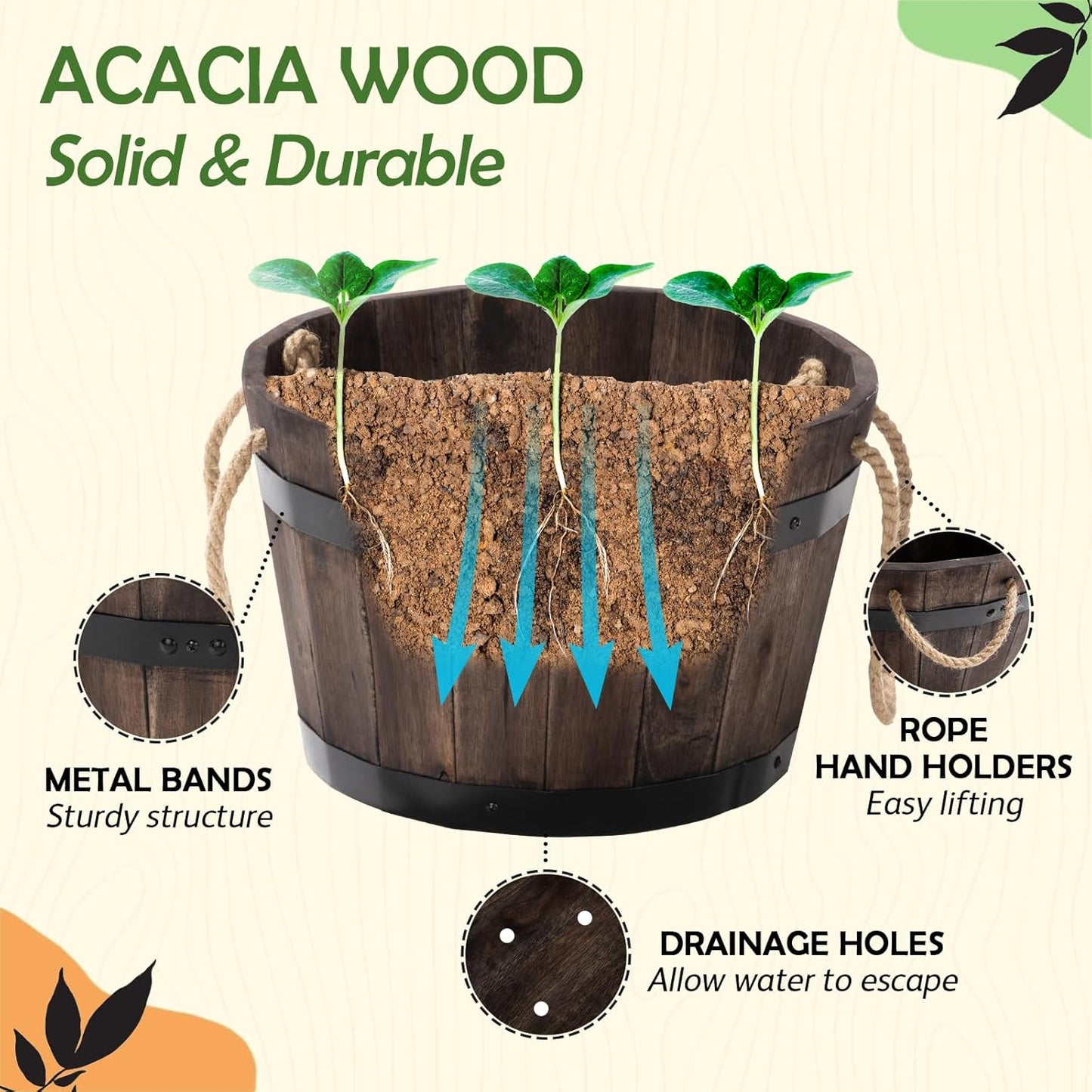 IDZO Set of 3 Wooden Flower Boxes Outdoor, Durable Acacia Wood Barrel Planters for Outdoor Plants with Ergonomic Handles, Drainage Holes, Multiple Sizes Wood Bucket Planter for Home Décor