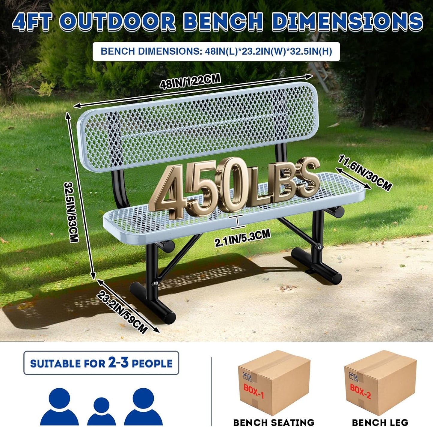 4 Feet Heavy Duty Park Bench with Back Portable Frame, Outdoor Steel Bench with Backrest, Expanded Metal Mesh Bench for Lawn, Park, Deck, Garden, Patio, Porch, Grey