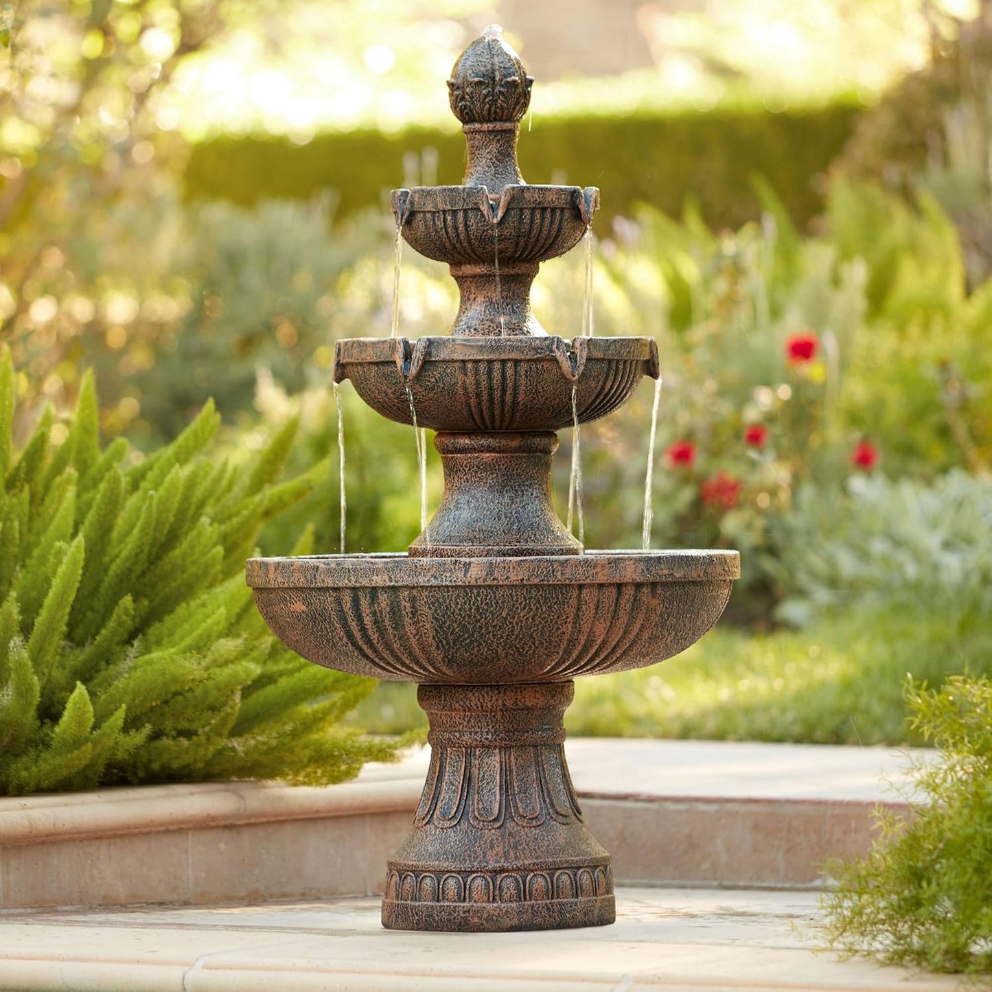Ravenna 43" High Large Italian Indoor Outdoor Decor Faux Stone Floor Fountain Standing Waterfall 3-Tier Basin Tall Water Feature for Outside Garden Patio Yard Backyard Porch Deck - John Timberland