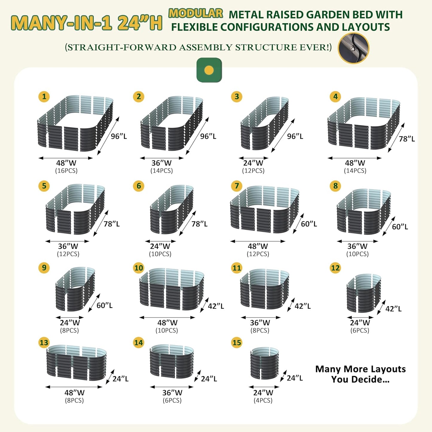 MUPATER 24''H Raised Garden Bed, 8x4FT Galvanized Raised Garden Bed W/ 3 Aluminum Support Rods, Mutli in 1 Modular Raised Planter Box Outdoor for Vegetables, Plants, Grey