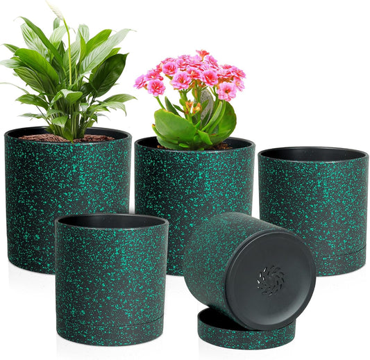 7/6.5/6/5/4 inch Plant Pots, 5 Pack Cylinder Flower Pots for Small Indoor Outdoor Plants, Plastic Planters with Drainage Holes and Saucer for Garden Succulent Plants, Black With Green Speckles