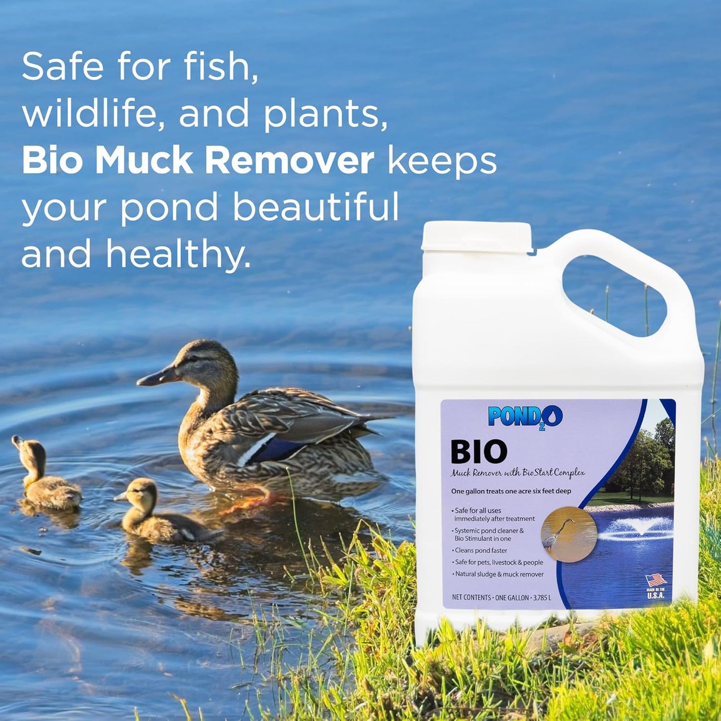Pond Algae Remover with BioStart Complex – Pond Cleaner for Outdoor – Organic Waste & Buildup Reducer, 1 Gallon (Covers 1 Acre) – Made in USA